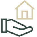 Icône d'une maison et une main pour Humanova, une entreprise de gestion immobilière offrant un service complet et personnalisé pour les propriétaires d’immeubles locatifs et les syndicats de copropriétés.